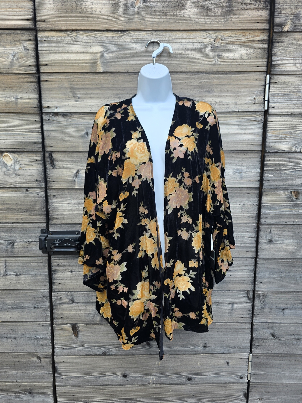 Forever 21 Black Floral Open-Front Kimono with Yellow Roses
